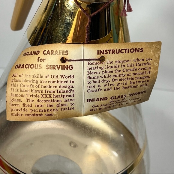 Vtg Mid-Century INLAND Glass Carafe‎ & Warmer 22k Gold Trim Coffee Pot Cork Lid - Picture 13 of 13